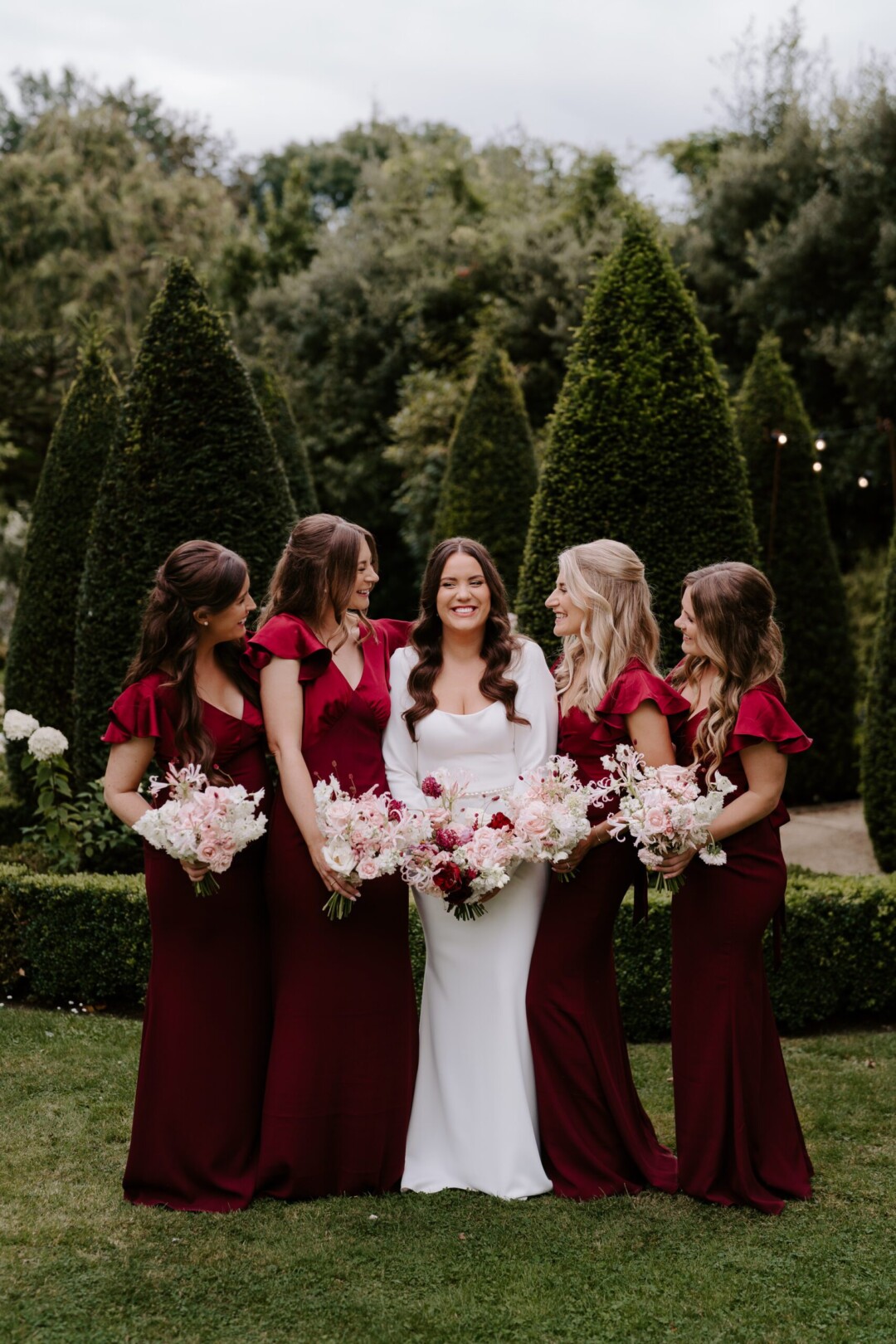 Sarah and James red bridesmaids dresses